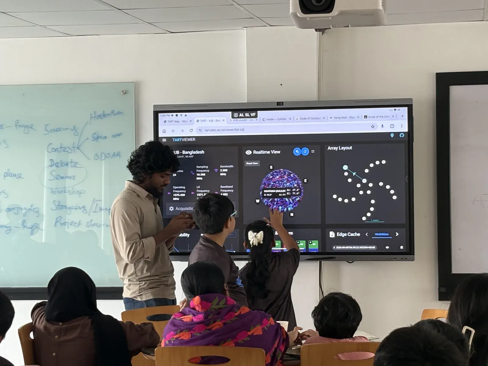 Students and a CASSA intern gather around a classroom screen showing the TARTviewer live interface.
